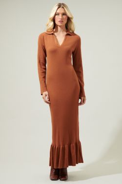 Kendal Knit Collared Maxi Dress - CHOCOLATE