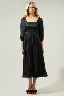 Fince Satin Smocked Midi Dress - BLACK