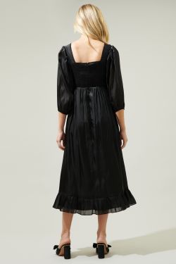 Fince Satin Smocked Midi Dress - BLACK