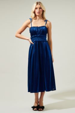 Lurelle Smocked Waist Tie Strap Poplin Midi Dress - BLUE