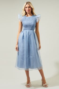 Lucille Organza Dot Smocked Midi Dress - DUSTY-BLUE