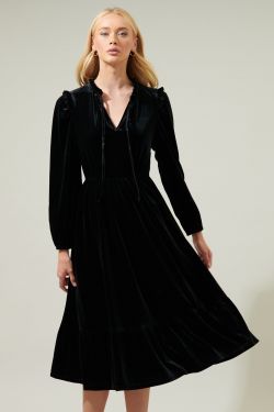 Charleston Ruffle Velvet Midi Dress - BLACK