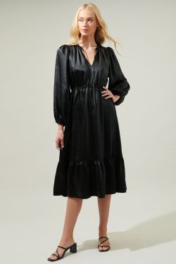 Alexia Satin Balloon Sleeve Midi Dress - BLACK