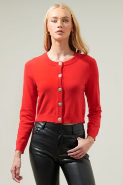 Sylvie Crystal Button Front Cardigan - RED