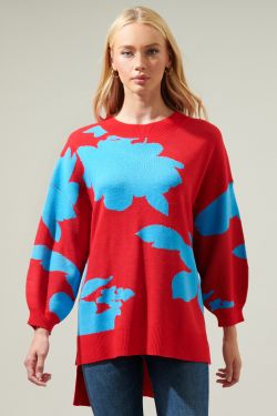 Aurora Sunday Hi Low Tunic Sweater - RED-BLUE