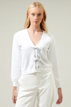 Elle Bow Cardigan Sweater - WHITE