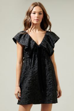 Arielle Jacquard Mini Babydoll Dress - BLACK