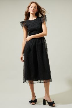 Lucille Organza Dot Smocked Midi Dress - BLACK