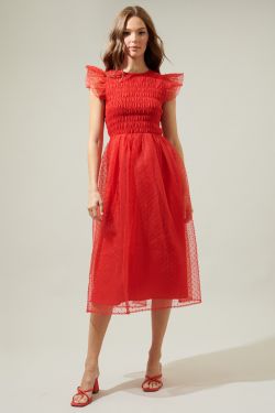 Lucille Organza Dot Smocked Midi Dress - RED