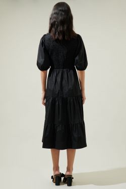 Penza Smocked Tiered Midi Dress - BLACK