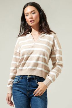 Possie Dill Striped Collar Sweater - OATMEAL