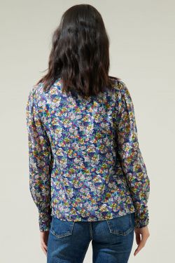 Candice Floral Rush Hour Bow Tie Blouse - BLUE-MULTI