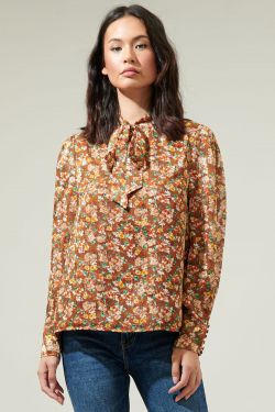 Candice Floral Rush Hour Bow Tie Blouse - BROWN-MULTI
