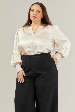 Henley Satin Long Sleeve Blouse Curve - CHAMPAGNE