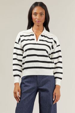 Possie Dill Striped Collar Sweater - CREAM-BLACK