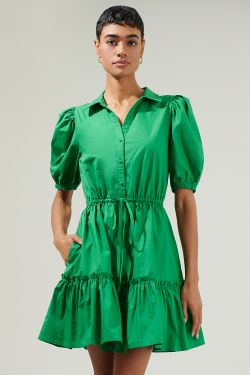 Stacie Button Down Mini Dress - KELLY-GREEN