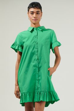 Kacey Ruffled Shirt Mini Dress - KELLY-GREEN