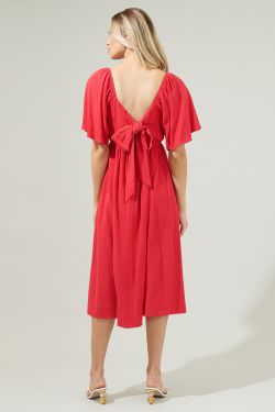 Saint Tropez Cassia Tie Back Linen Midi Dress - RED