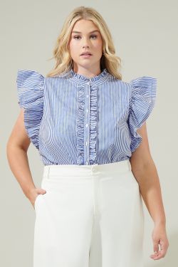 Dynamite Striped Floral Sleeveless Ruffle Top Curve