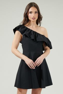 Searcy One Shoulder Mini Dress - BLACK