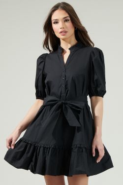 Sasha Split Neck Shift Mini Dress - BLACK