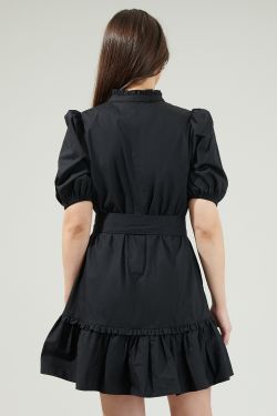 Sasha Split Neck Shift Mini Dress - BLACK