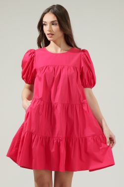 Soledad Puff Sleeve Tiered Mini Dress - FUCHSIA