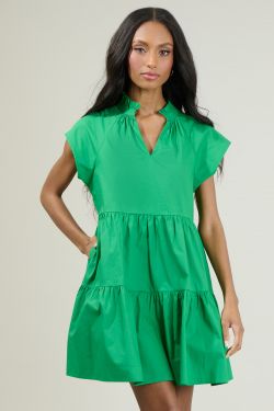 Janelly Poplin Tiered Mini Dress - KELLY-GREEN