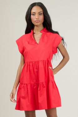 Janelly Poplin Tiered Mini Dress - RED