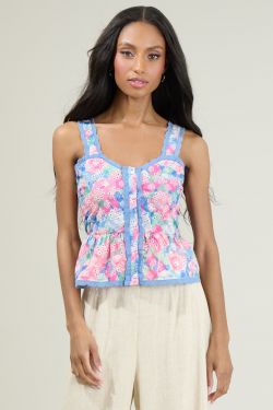 Baine Embroidered Button Up Top - BLUE-PINK