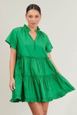 Pallas Poplin Tiered Mini Dress - KELLY-GREEN