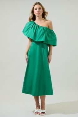 Prissy Searcy One Shoulder Midi Dress - KELLY-GREEN