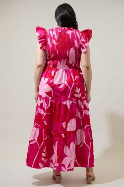 Mila Floral Sunfire Smocked Bodice Tiered Midi Dress Curve