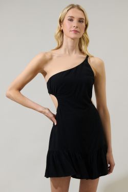 Zaya One Shoulder Cutout Ruffle Mini Dress - BLACK