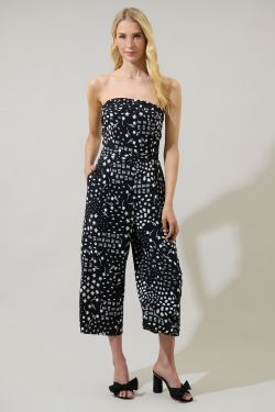 Mirsa Geometric Free Flow Strapless Pleated Cropped Jumpsuit