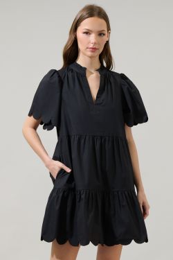Kyra Poplin Tiered Mini Dress - BLACK