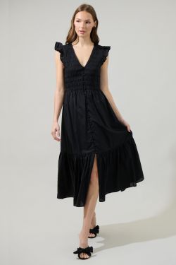 Angie Smocked Tiered Midi Dress - BLACK