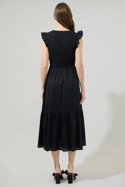 Angie Smocked Tiered Midi Dress - BLACK