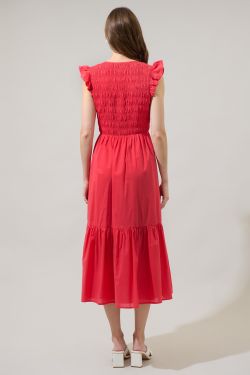 Angie Smocked Tiered Midi Dress - RED