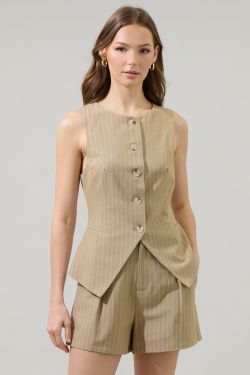 Marbles Striped Button Up Vest Top - TAUPE