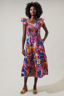 Eveline Floral Giza Glare Smock Tiered Midi Dress