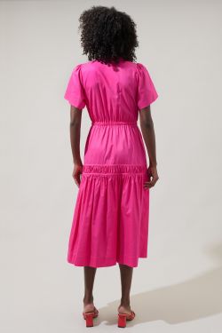Xoe Split Neck Smocked Midi Dress - FUCHSIA