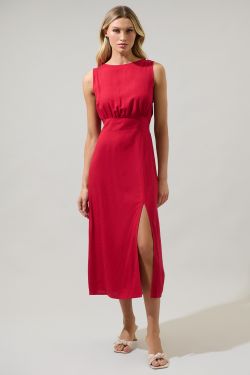 Balmy Smocked Midi Dress - RED