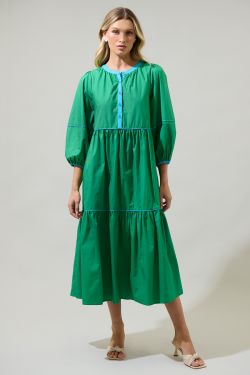 Saddy Long Sleeve Button Up Midi Dress - KELLY-GREEN