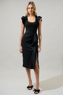 Gavina Glow Pleated Midi Dress - BLACK
